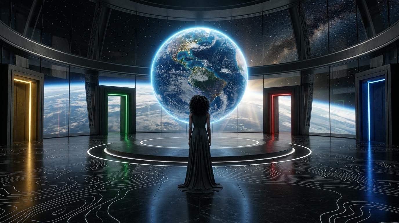 A figure standing before Earth with four colored doorways: yellow, green, red, and blue.