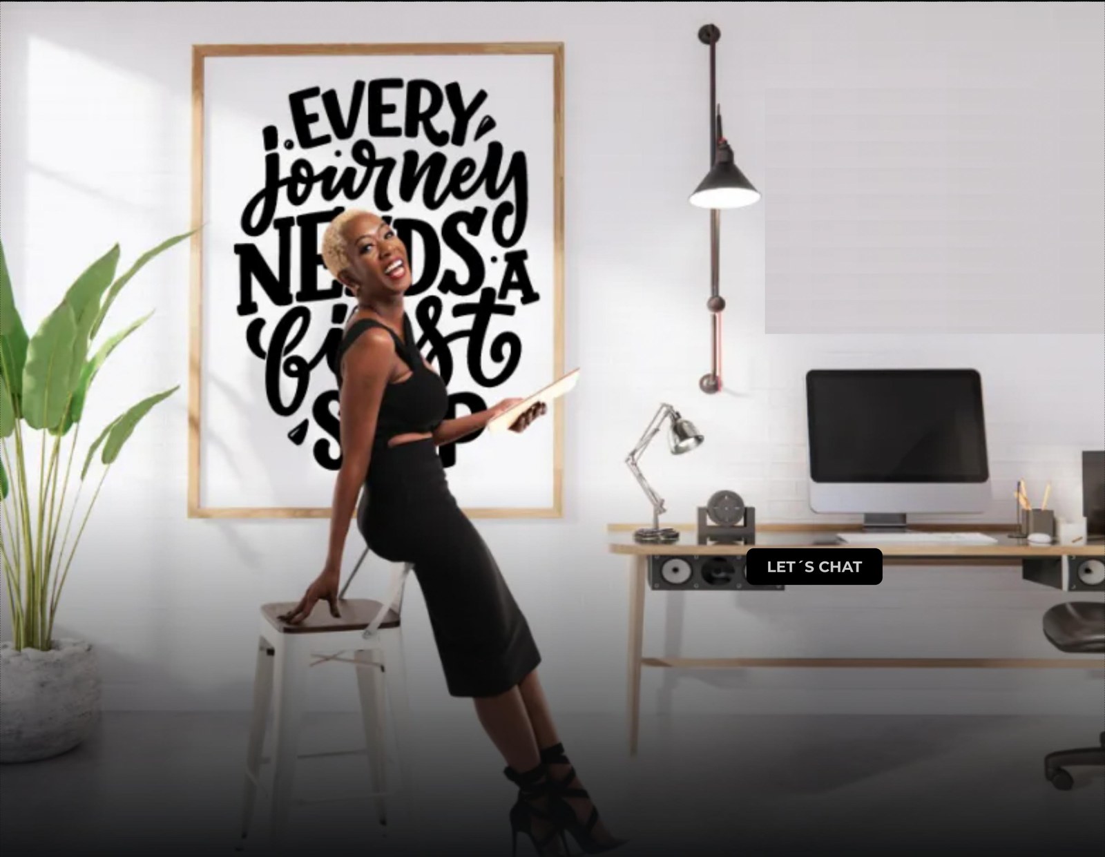 Read The Room key art: Ebony L. Noir in a studio office beneath an 'Every journey needs a first step' print.